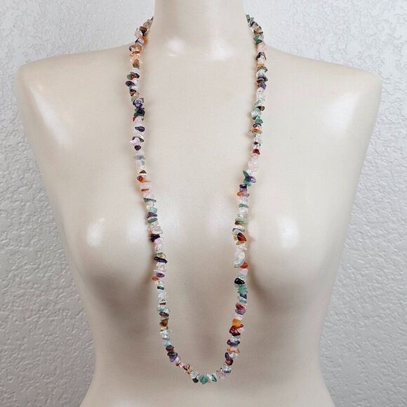 Multicolor Gemstone Semiprecious Stone Chip Bead Necklace 34" Amethyst Quartz - Picture 1 of 8